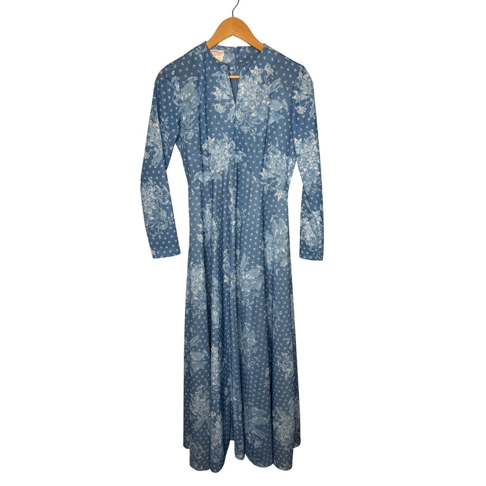 Vintage George Originals California Blue Floral Polyester Knit Maxi Dress 70s 12